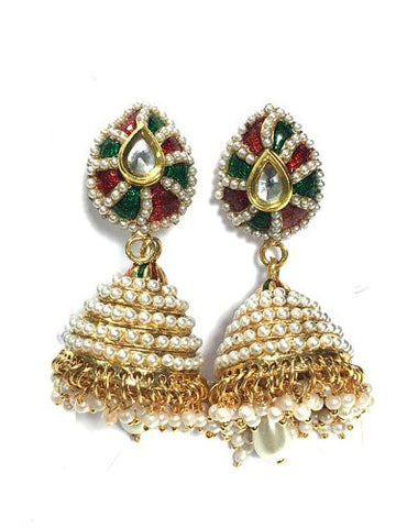 Dangle Earrings Jhumkas Goldtone Jewelry India Women Wear Kundan Dangle Earring Set, Gift Idea - mogulinteriordesigns - 1