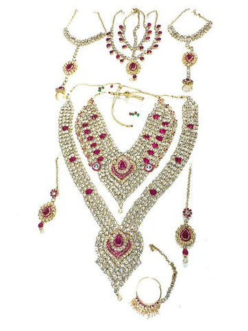 6 Pcs Indian Wedding Set White Pink Kundan Polki Necklace India Bridal Jewelry Sets - mogulinteriordesigns - 1