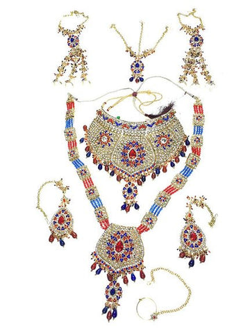6 Pcs Bridal Jewelry Sets Red Blue Golden Kundan Polki Indian Wedding Necklace Set - mogulinteriordesigns - 1