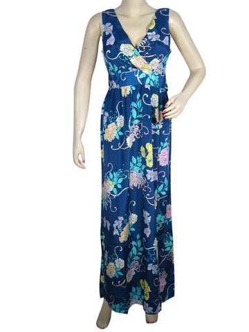 Bohemian Long Maxi Dress Navy Blue Floral Printed Hippy Boho Gypsy Dresses - mogulinteriordesigns - 1
