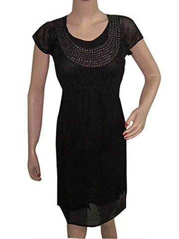 Boho Beaded Dress- Black Chiffon Dresses Cinched Waist Bohemian Chic - mogulinteriordesigns - 1