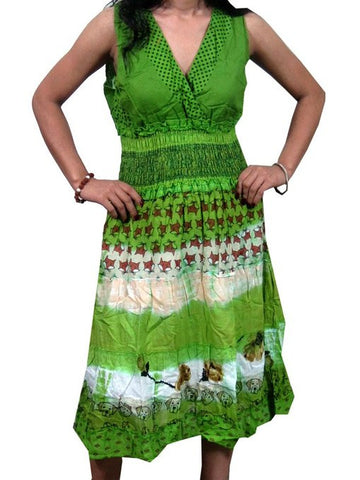Bohemian Dress V-neck Floral Printed Cotton Green Peasant Dresses - mogulinteriordesigns - 1