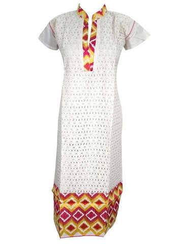 India Women's Off White Kurti Tunics Colorful Patches Cotton Kurta Dress Caftan Medium (Orange & Purple) - mogulinteriordesigns - 1