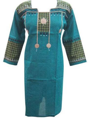 Women's Indian Ethnic Kurta Tunic Blue Printed Cotton Boho Dress Kaftan (Chest:48") - mogulinteriordesigns - 1