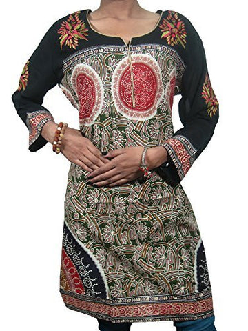 Boho Tunic Cover up Black Embroidered Printed Georgette Kurti Dress for Women's, M Sz - mogulinteriordesigns - 1
