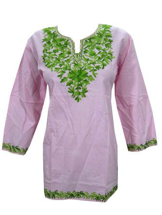 Indian Tunic Top Women's Pink Kurta Embroidered Cotton Boho Blouse Small Sz - mogulinteriordesigns