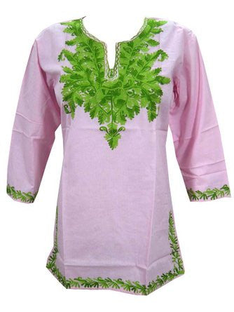 Indian Tunic Top Women's Kurta Green Floral Embroidered Pink Cotton Boho Blouse S - mogulinteriordesigns - 1