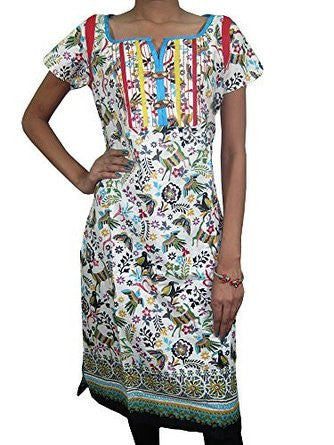 Indian Tunic Women's Short Sleeve White Cotton Printed Kurti for Women's - mogulinteriordesigns - 1