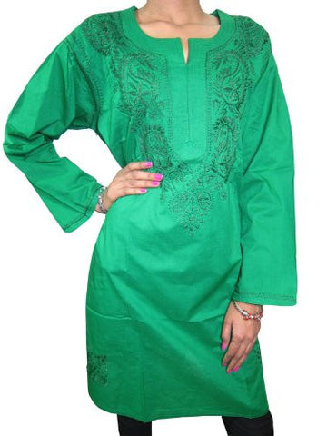 Woman's Indian Kurta Green Tunic Floral Embroidered Cotton Kurti Dress M - mogulinteriordesigns - 1