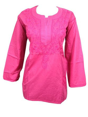 Indian Tunic Top Women's Kurta Embroidered Cotton Boho Blouse M Sz (Deep Pink) - mogulinteriordesigns - 1