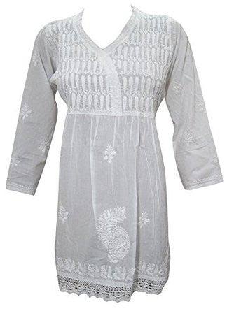 White Pure Cotton Shirt Tunic Top Kurti Hand Embroidered Dress for Women's - mogulinteriordesigns - 1