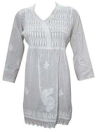 Women's White Pure Cotton Shirt Tunic Top Kurti Hand Embroidered Dress - mogulinteriordesigns - 1