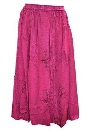 Women's Skirts Pink Designer Embroidered Stonewashed Rayon Boho Skirt - mogulinteriordesigns