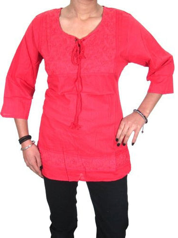 Boho Blouse Tops Floral Embroidered Cotton Yoga Tee Indian Kurta (Chest:40", Red) - mogulinteriordesigns