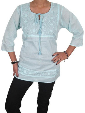 Boho Blouse Tops Floral Embroidered Cotton Yoga Tee Indian Kurta (Chest:40", Blue1) - mogulinteriordesigns - 1