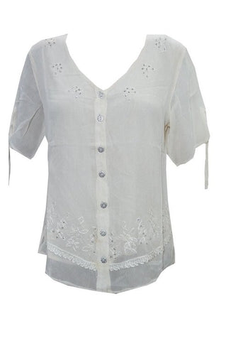 Women's Boho Blouse Cream Floral Embroidered Peasant Tops (Chest:46") - mogulinteriordesigns - 1