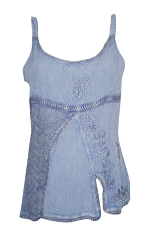 Boho Strappy Tank Top Blue Embroidered Scoop Neck Blouse