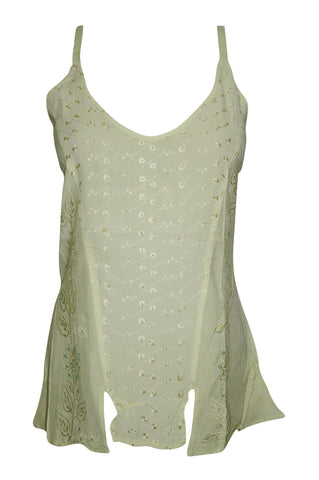 Green Top Gypsy Strappy Embroidered Scoop Neck Cami Tank Blouse