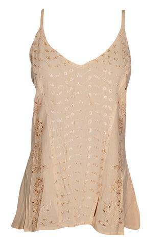 Strappy Tank Top Beige Embroidered Hippie Flare Cami Blouse