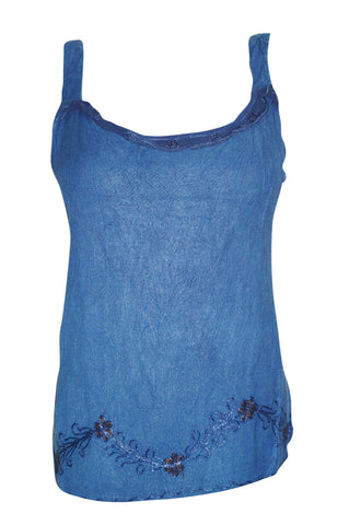 Bohemian Tank Top Stonewashed Strappy Blue Embroidered Comfy Blouse S