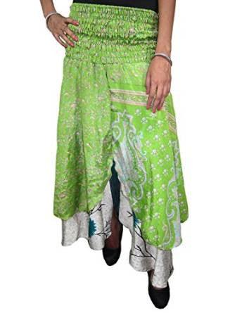 Bandeau Dress Green Floral Printed Vintage Two Layer Long Beach Skirts - mogulinteriordesigns