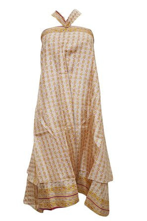 Wraps Skirt Beige/Yellow Two Layer Reversible Floral Silk Sari Long Skirts - mogulinteriordesigns - 1