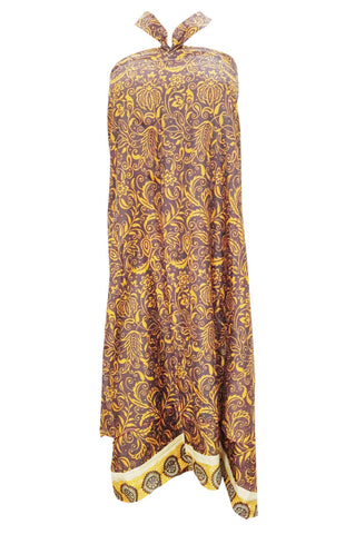 Women's Wraps Long Brown/Yellow Two Layer Reversible Vintage Floral Silk Sari Skirts - mogulinteriordesigns - 1