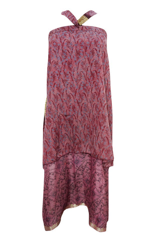 Wraps Skirt Pink Two Layer Reversible Floral Silk Sari Long Skirts - mogulinteriordesigns - 1