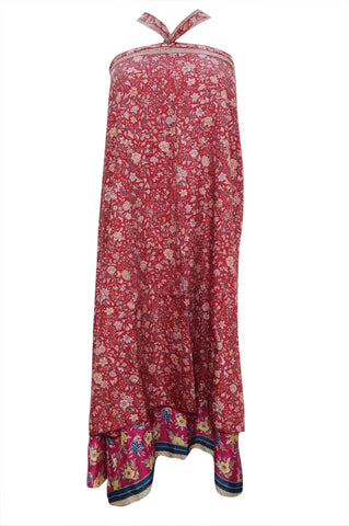 Boho Chic Wraps Long Maroon/pinkTwo Layer Reversible Vintage Floral Silk Sari Skirts - mogulinteriordesigns - 1