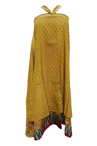 Women's Boho Beach Wrap yellow Two Layer Reversible Silk Sari Long Skirt - mogulinteriordesigns - 1