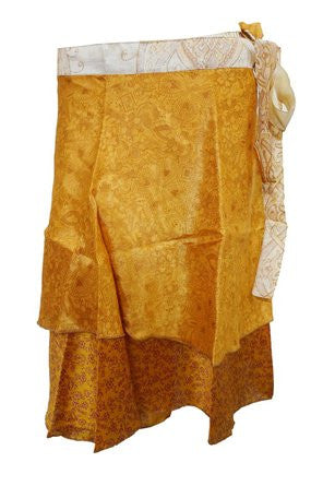 Boho Beach Wrap yellow Two Layer Reversible Silk Sari Short Skirt