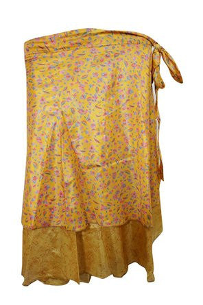 yellow Two Layer Wrap Reversible Silk Sari Short Skirt