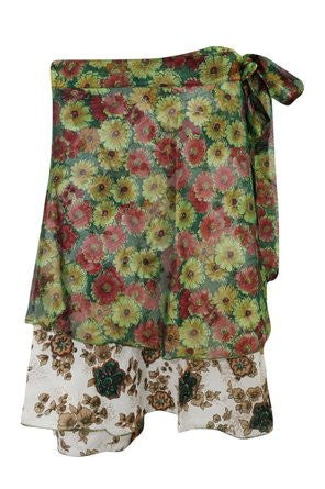 Floral Print Wraps Skirt BeigeTwo Layer Reversible Silk Sari Short Skirts