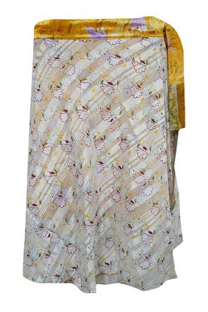 Boho Wrap yellow/ Beige Two Layer Reversible Silk Sari Short Skirt