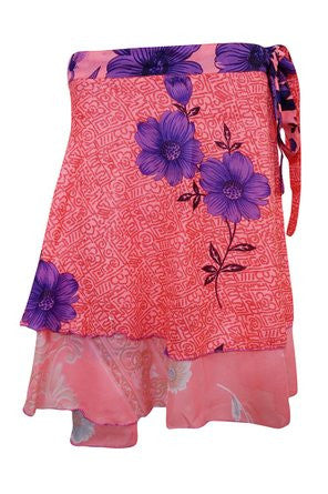 Vintage Beach Wraps Skirt Pink Two Layer Reversible Silk Sari Short Skirt - mogulinteriordesigns - 1