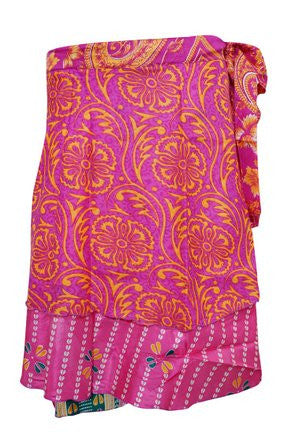 Mosaic Silk Short Wrap Skirt Pink/YellowTwo Layer Reversible Floral Silk Sari Skirts - mogulinteriordesigns