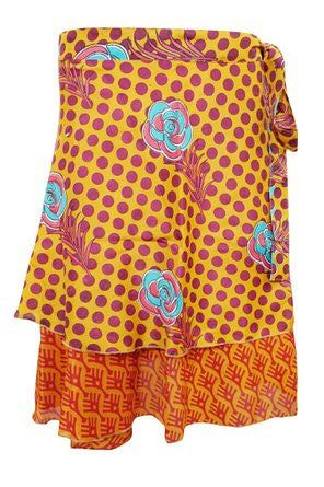 Floral Print Wraps Skirt Yellow Two Layer Reversible Silk Sari Short Skirts - mogulinteriordesigns - 1