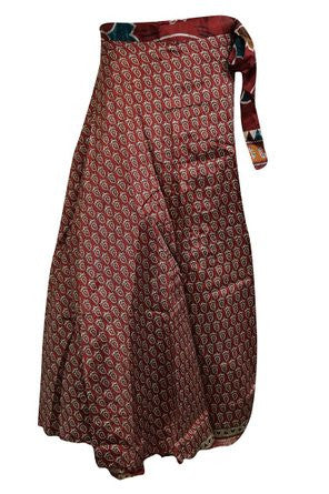 Boho Chic Wraps Dress Maroon Two Layer Reversible Vintage Floral Silk Sari Skirts - mogulinteriordesigns - 1