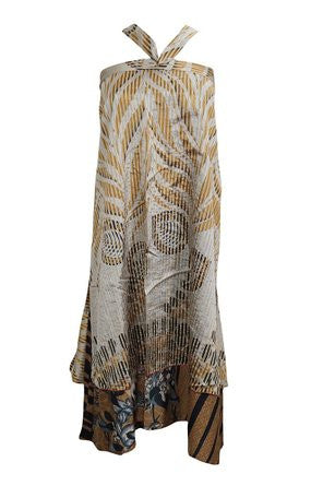 Bohemian Beach Sarong Dress Beige Two Layer Long Reversible Silk Sari Wrap Skirts - mogulinteriordesigns