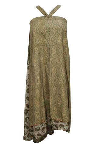Wrap Skirt Green Two Layer Reversible Silk Sari Boho Sarong Dress