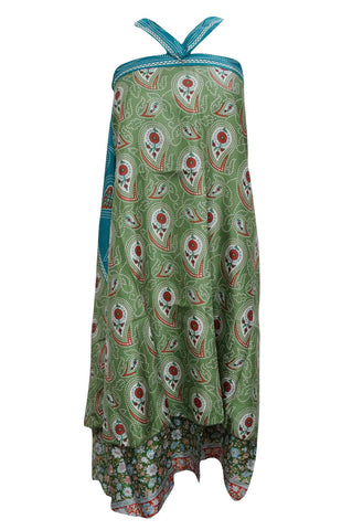 Women's Summer Wrap Skirts Green Vintage Silk Sari Reversible Halter Sarong Dress
