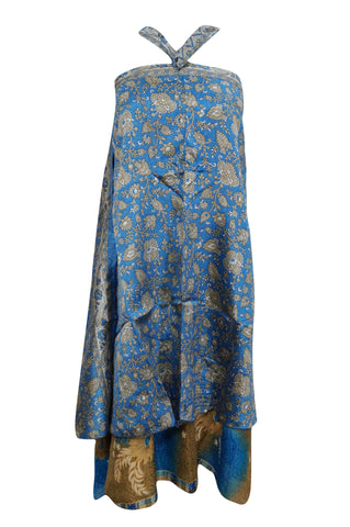 Magic Wrap Blue Reversible Two Layer Silk Sari Long Skirts