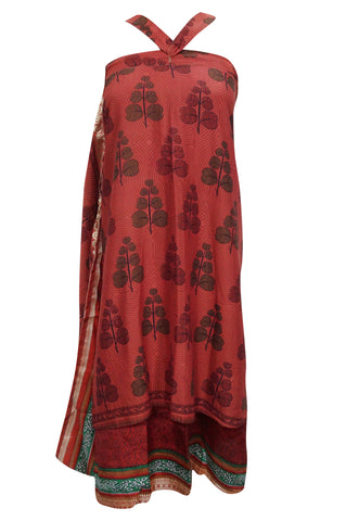Wrap Skirt Maroon Printed Silk Sari Vintage Beach Dress