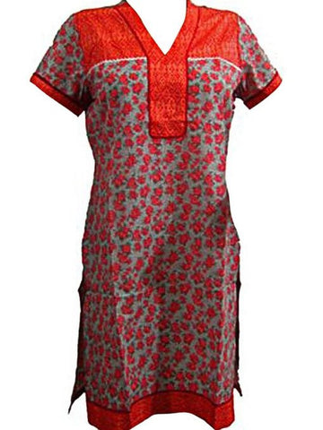Indian Tunic Top Womens Kurti Orange Printed Cotton Kurta Long Dress Caftan S - mogulinteriordesigns - 1