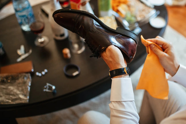 man cleaning his faux leather boots