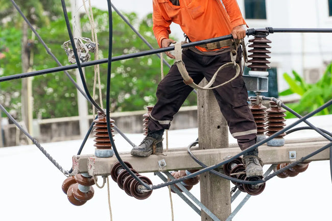 An electrical technician in his safety work boots working on electric pole