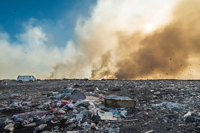 landfill with burning trash pile