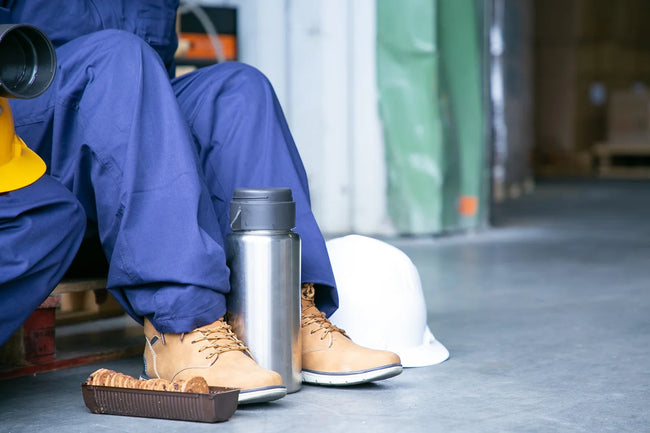 legs of female worker in comfortable work boots sitting on the floor