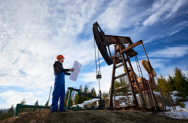 oil worker in oilfield boots standing next to the oil pump