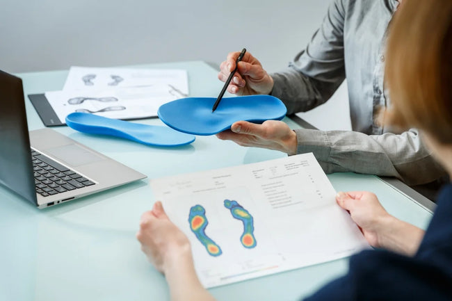 doctor is holding an insole to support the arch and explains to the woman possible problems